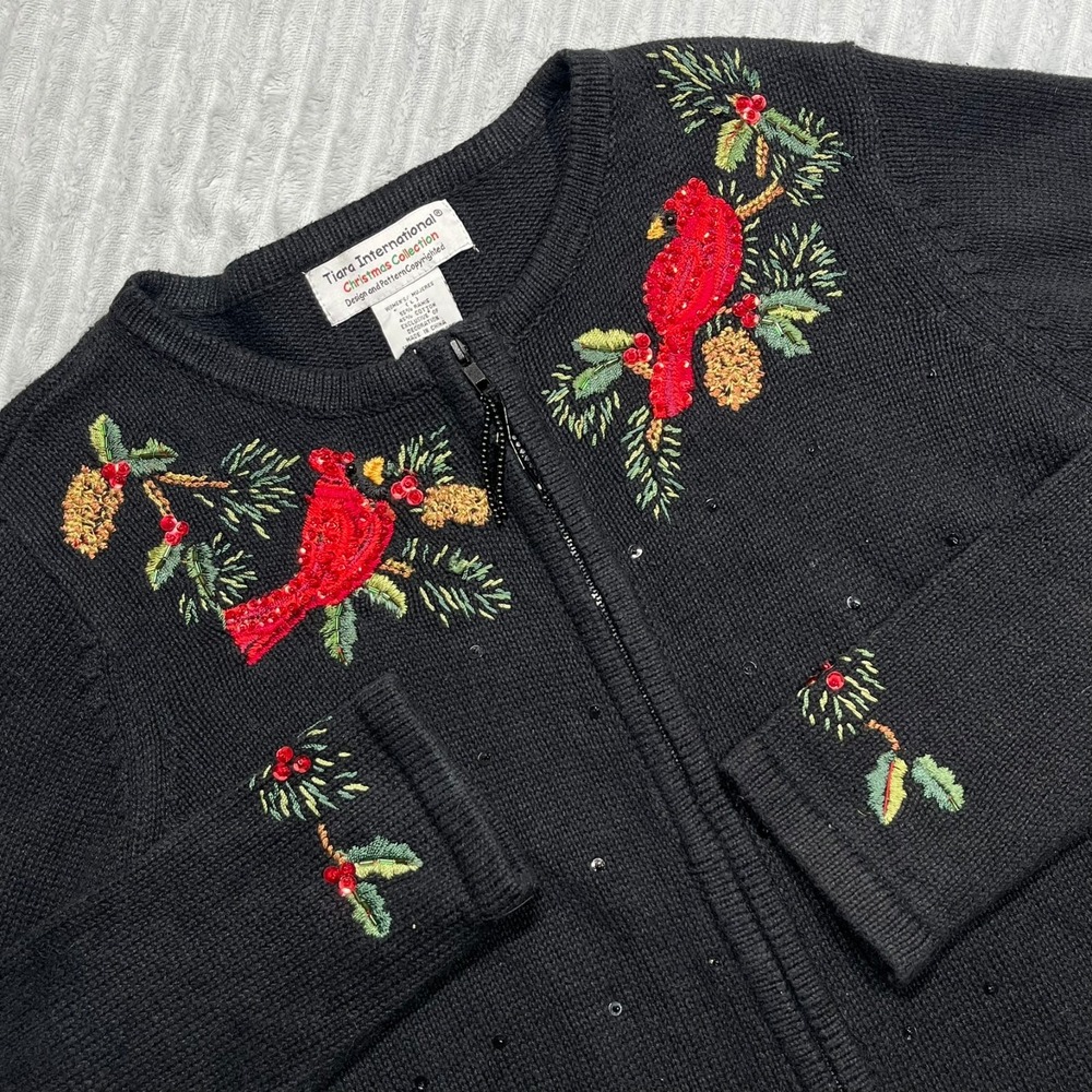 Tiara International Full Zip Ugly Christmas Sweater Women's L Cardinals Sequins